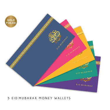 Money Wallets Eid Mubarak Pack of 5 Assorted Colours with Gold foiling