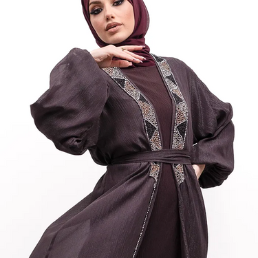 Mauve Aztec Organza Embellished Abaya Set 