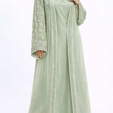 Sage Dina Embellished Sparkle Organza Two-Piece Abaya