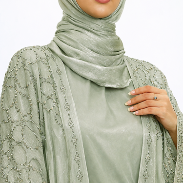 Sage Dina Embellished Sparkle Organza Two-Piece Abaya