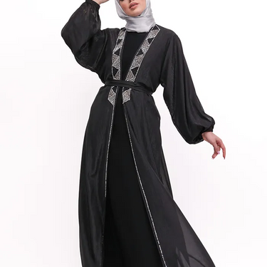 Black - Embellished Aztec Organza Abaya Set