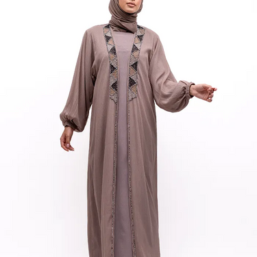 Mocha - Embellished Aztec Organza Abaya Set