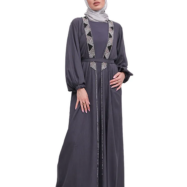 Grey - Embellished Aztec Organza Abaya Set