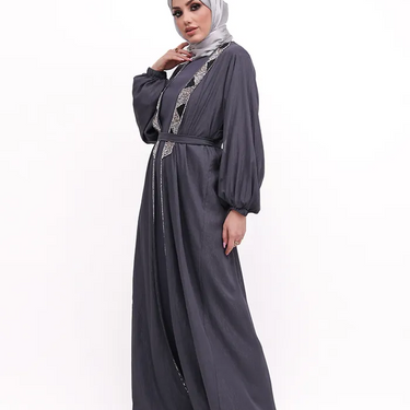 Grey - Embellished Aztec Organza Abaya Set