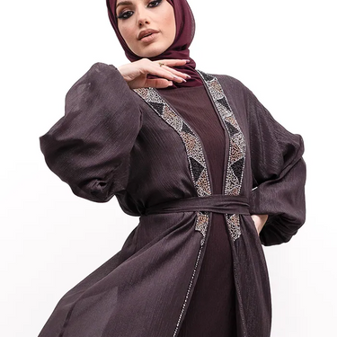 Mauve - Embellished Aztec Organza Abaya Set