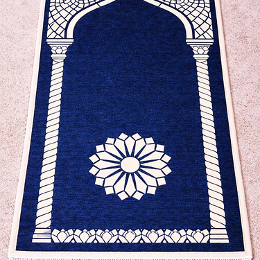 Deep Navy Luxury Double-Sided Chenille Prayer Mat – Arch Floral Design