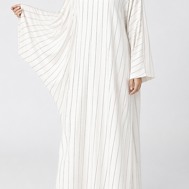 White Batwing Cut Linen Pinstripe Abaya