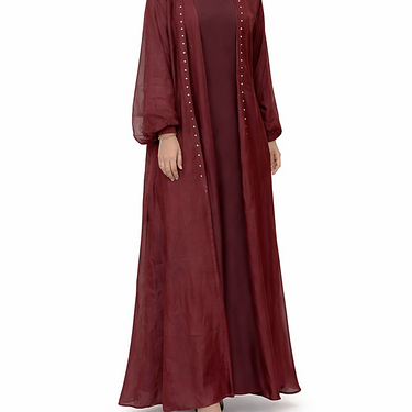 Maroon Organza Pearl Abaya Set