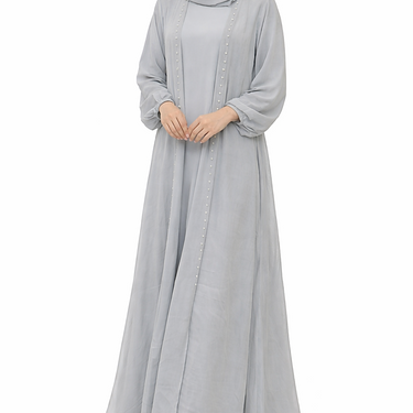Silver Organza Pearl Abaya Set