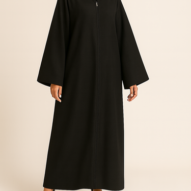 Black Linen Blend Front Zip Abaya