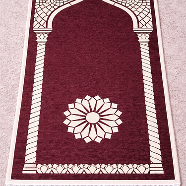 Dark Maroon Luxury Double-Sided Chenille Prayer Mat – Arch Floral Design