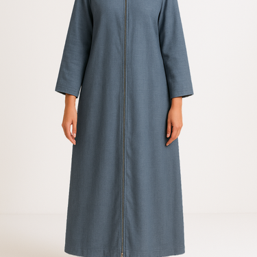 Denim Blue Linen Blend Front Zip Abaya