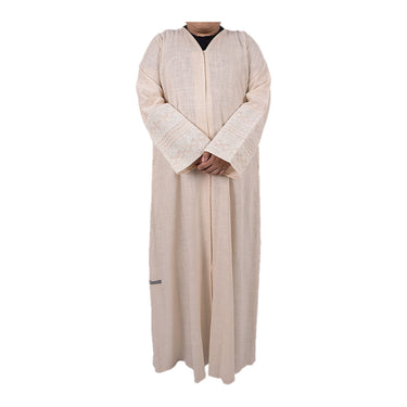 Girls Embroidered Sleeve Linen Abaya - Pastel Beige