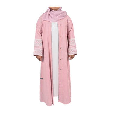 Girls Embroidered Sleeve Linen Abaya - Pastel Pink