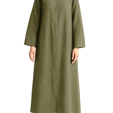 Green Linen Blend Front Zip Abaya