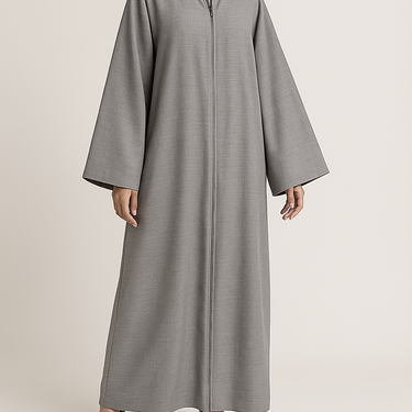 Grey Linen Blend Front Zip Abaya
