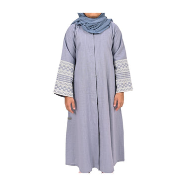 Girls Embroidered Sleeve Linen Abaya - Pastel Blue