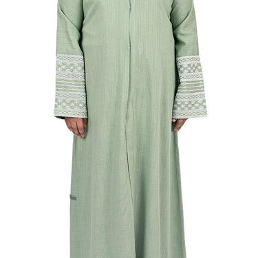 Green Embroidered Sleeve Pure Linen Abaya